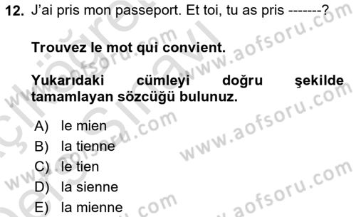 Fransızca 2 Dersi 2018 - 2019 Yılı 3 Ders Sınavı 12. Soru