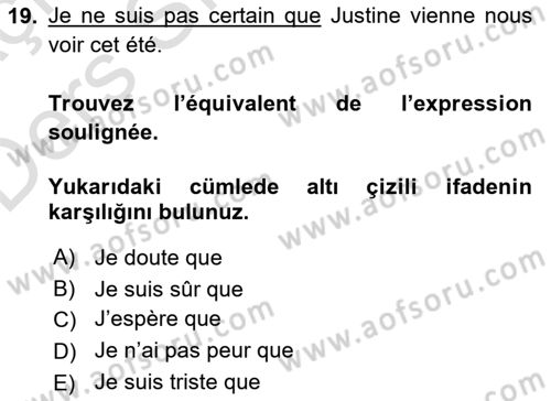 Fransızca 2 Dersi 2018 - 2019 Yılı 3 Ders Sınavı 19. Soru