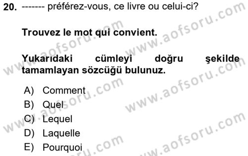 Fransızca 2 Dersi 2018 - 2019 Yılı 3 Ders Sınavı 20. Soru