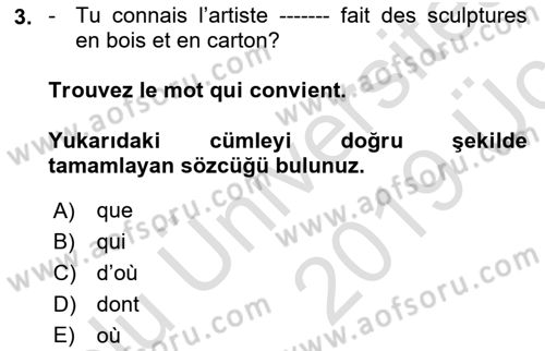 Fransızca 2 Dersi 2018 - 2019 Yılı 3 Ders Sınavı 3. Soru