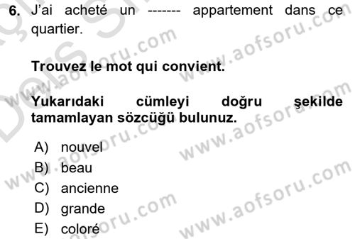 Fransızca 2 Dersi 2018 - 2019 Yılı 3 Ders Sınavı 6. Soru