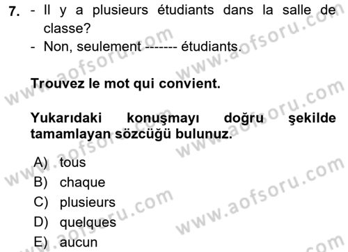 Fransızca 2 Dersi 2018 - 2019 Yılı 3 Ders Sınavı 7. Soru