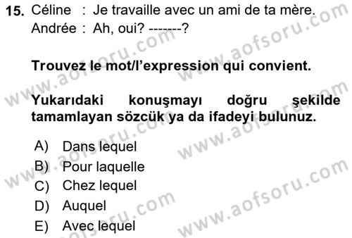 Fransızca 2 Dersi 2018 - 2019 Yılı (Final) Dönem Sonu Sınav Soruları 15. Soru