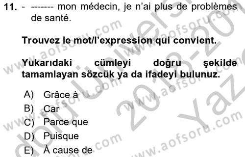 Fransızca 2 Dersi 2018 - 2019 Yılı Yaz Okulu Sınav Soruları 11. Soru