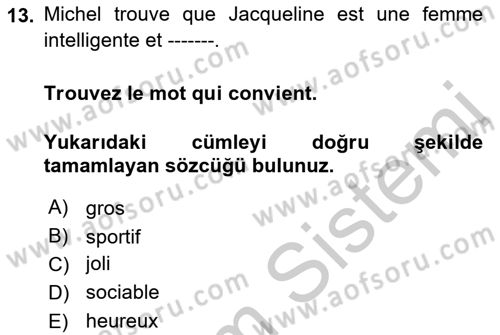 Fransızca 2 Dersi 2018 - 2019 Yılı Yaz Okulu Sınav Soruları 13. Soru