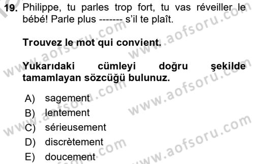Fransızca 2 Dersi 2018 - 2019 Yılı Yaz Okulu Sınav Soruları 19. Soru
