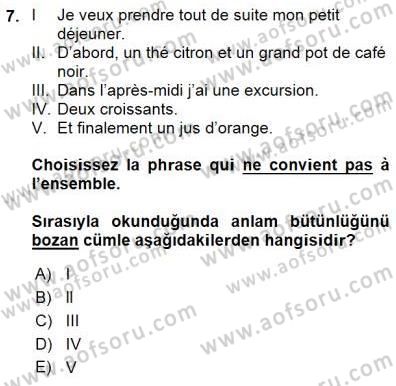 Turizm İçin Fransızca Dersi 2015 - 2016 Yılı (Final) Dönem Sonu Sınav Soruları 7. Soru