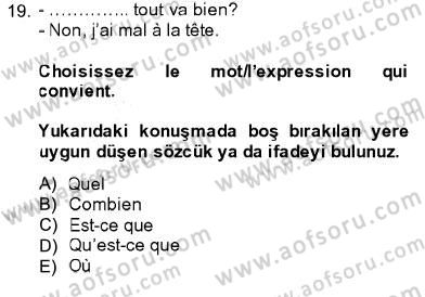 Fransızca 1 Dersi 2013 - 2014 Yılı (Vize) Ara Sınavı 19. Soru