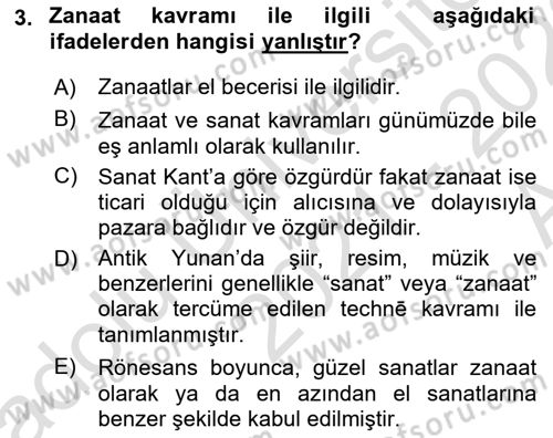 Temel Sanat ve Tasarım Eğitimi Dersi 2021 - 2022 Yılı (Vize) Ara Sınav Soruları 3. Soru