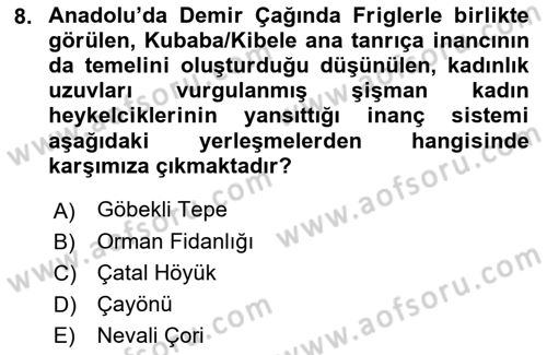 Anadolu Kültür Tarihi Dersi 2021 - 2022 Yılı Yaz Okulu Sınav Soruları 8. Soru