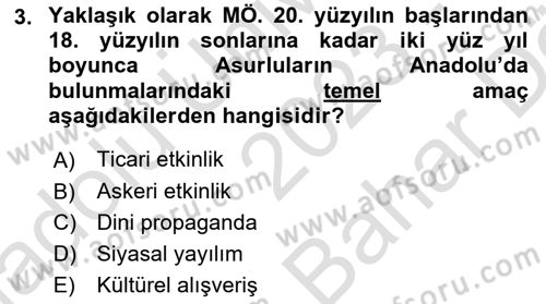Anadolu Kültür Tarihi Dersi 2023 - 2024 Yılı (Vize) Ara Sınav Soruları 3. Soru