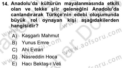Anadolu Kültür Tarihi Dersi 2023 - 2024 Yılı (Final) Dönem Sonu Sınav Soruları 14. Soru