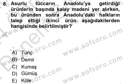 Anadolu Kültür Tarihi Dersi 2023 - 2024 Yılı (Final) Dönem Sonu Sınav Soruları 8. Soru