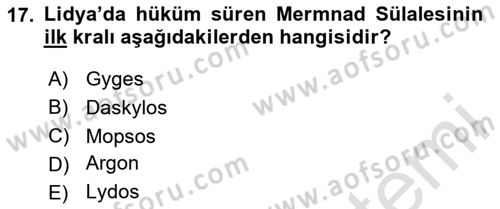 Anadolu Kültür Tarihi Dersi 2023 - 2024 Yılı Yaz Okulu Sınav Soruları 17. Soru