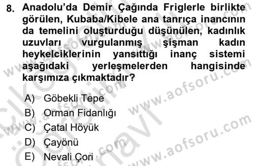 Anadolu Kültür Tarihi Dersi 2023 - 2024 Yılı Yaz Okulu Sınav Soruları 8. Soru