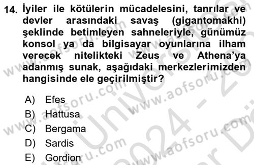 Anadolu Kültür Tarihi Dersi 2024 - 2025 Yılı (Vize) Ara Sınav Soruları 14. Soru