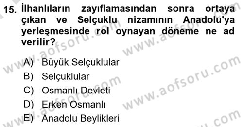 Anadolu Kültür Tarihi Dersi 2025 - 2026 Yılı (Final) Dönem Sonu Sınav Soruları 15. Soru