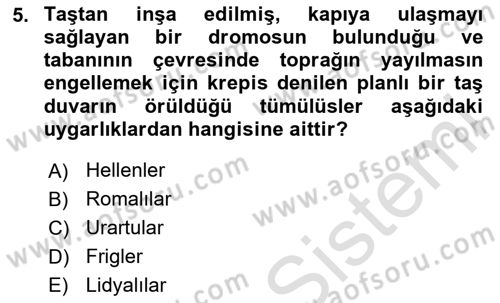 Anadolu Kültür Tarihi Dersi 2025 - 2026 Yılı (Final) Dönem Sonu Sınav Soruları 5. Soru