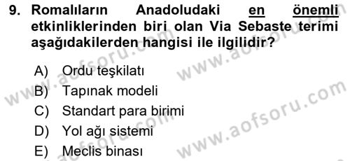 Anadolu Kültür Tarihi Dersi 2025 - 2026 Yılı (Final) Dönem Sonu Sınav Soruları 9. Soru
