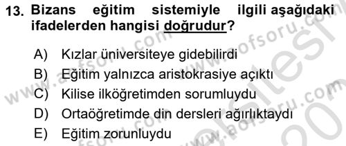 Anadolu Kültür Tarihi Dersi 2025 - 2026 Yılı Yaz Okulu Sınav Soruları 13. Soru