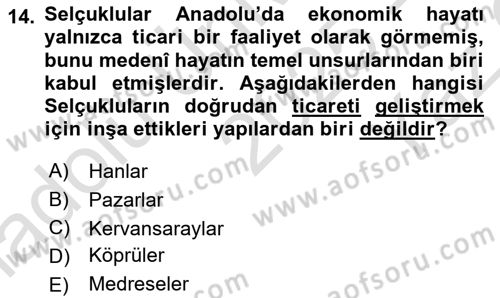 Anadolu Kültür Tarihi Dersi 2025 - 2026 Yılı Yaz Okulu Sınav Soruları 14. Soru