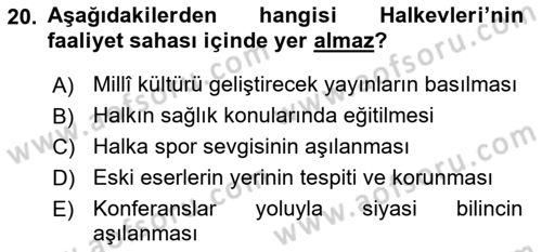 Anadolu Kültür Tarihi Dersi 2025 - 2026 Yılı Yaz Okulu Sınav Soruları 20. Soru