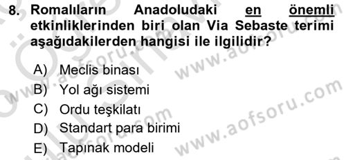 Anadolu Kültür Tarihi Dersi 2025 - 2026 Yılı Yaz Okulu Sınav Soruları 8. Soru