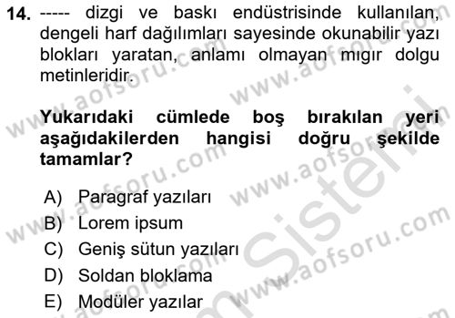 Tipografi Dersi 2023 - 2024 Yılı (Final) Dönem Sonu Sınav Soruları 14. Soru