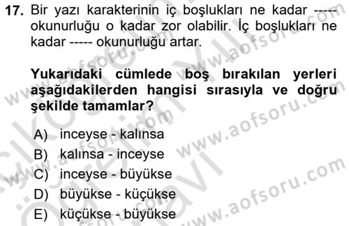 Tipografi Dersi 2023 - 2024 Yılı Yaz Okulu Sınav Soruları 17. Soru