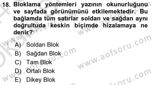 Tipografi Dersi 2023 - 2024 Yılı Yaz Okulu Sınav Soruları 18. Soru