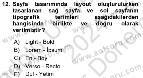 Tipografi Dersi 2024 - 2025 Yılı (Final) Dönem Sonu Sınav Soruları 12. Soru