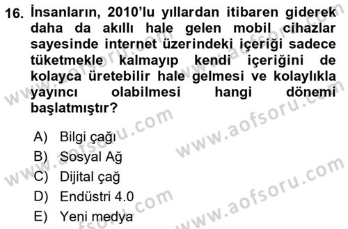 Dijital Kültür Dersi 2022 - 2023 Yılı Yaz Okulu Sınavı 16. Soru