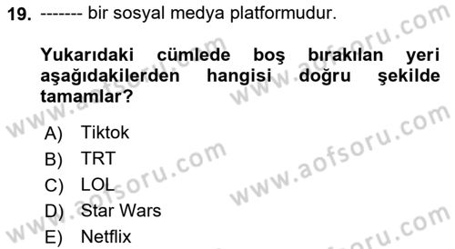 Dijital Kültür Dersi 2023 - 2024 Yılı Yaz Okulu Sınav Soruları 19. Soru