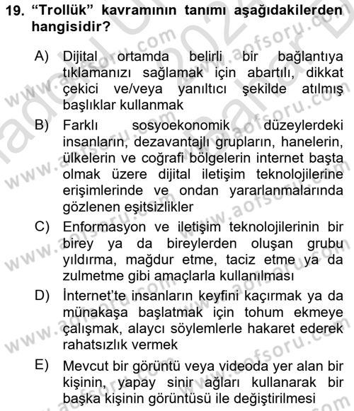Dijital Kültür Dersi 2024 - 2025 Yılı (Vize) Ara Sınav Soruları 19. Soru