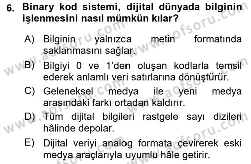 Dijital Kültür Dersi 2024 - 2025 Yılı Yaz Okulu Sınav Soruları 6. Soru