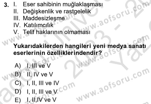 Yeni Medya Sanatı Dersi 2023 - 2024 Yılı Yaz Okulu Sınavı 3. Soru