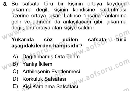 Sanatta Eleştirel Düşünce Dersi Ara Sınavı Deneme Sınav Soruları 8. Soru