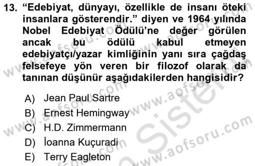 Sanatta Eleştirel Düşünce Dersi Ara Sınavı Deneme Sınav Soruları 13. Soru