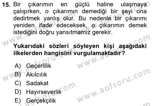 Sanatta Eleştirel Düşünce Dersi Ara Sınavı Deneme Sınav Soruları 15. Soru