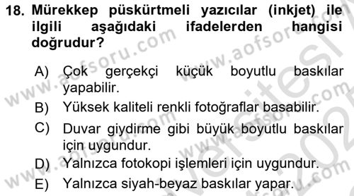 Grafik Üretim Ve Dijital Çoğaltım Teknikleri Dersi 2024 - 2025 Yılı Yaz Okulu Sınav Soruları 18. Soru