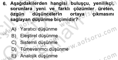 Görsel Tasarımda Yaratıcı Düşünme Teknikleri Dersi 2023 - 2024 Yılı (Final) Dönem Sonu Sınav Soruları 6. Soru