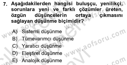 Görsel Tasarımda Yaratıcı Düşünme Teknikleri Dersi 2024 - 2025 Yılı (Final) Dönem Sonu Sınav Soruları 7. Soru