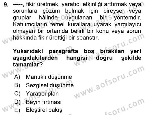 Görsel Tasarımda Yaratıcı Düşünme Teknikleri Dersi 2025 - 2026 Yılı (Final) Dönem Sonu Sınav Soruları 9. Soru