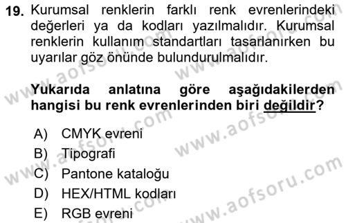Kurumsal Kimlik Tasarımı Dersi 2024 - 2025 Yılı Yaz Okulu Sınav Soruları 19. Soru