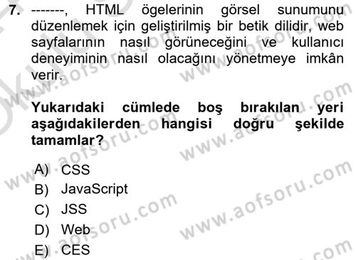 Dijital Medya Ve Arayüz Tasarımı Dersi 2023 - 2024 Yılı Yaz Okulu Sınav Soruları 7. Soru