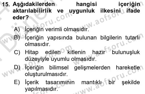 Eğitici İçerik Tasarımı Dersi 2023 - 2024 Yılı (Final) Dönem Sonu Sınav Soruları 15. Soru