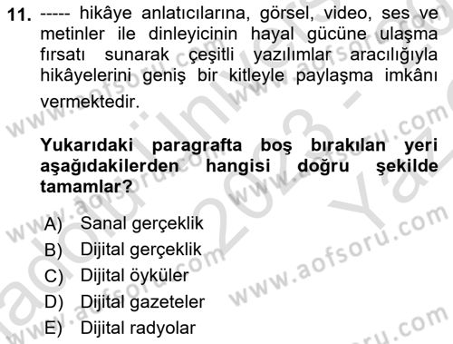 Eğitici İçerik Tasarımı Dersi 2023 - 2024 Yılı Yaz Okulu Sınav Soruları 11. Soru