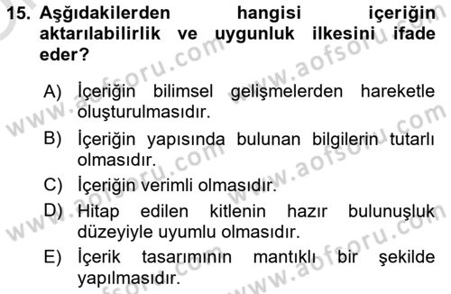 Eğitici İçerik Tasarımı Dersi 2023 - 2024 Yılı Yaz Okulu Sınav Soruları 15. Soru