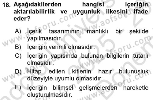 Eğitici İçerik Tasarımı Dersi 2025 - 2026 Yılı (Final) Dönem Sonu Sınav Soruları 18. Soru