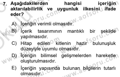 Eğitici İçerik Tasarımı Dersi 2025 - 2026 Yılı Yaz Okulu Sınav Soruları 7. Soru